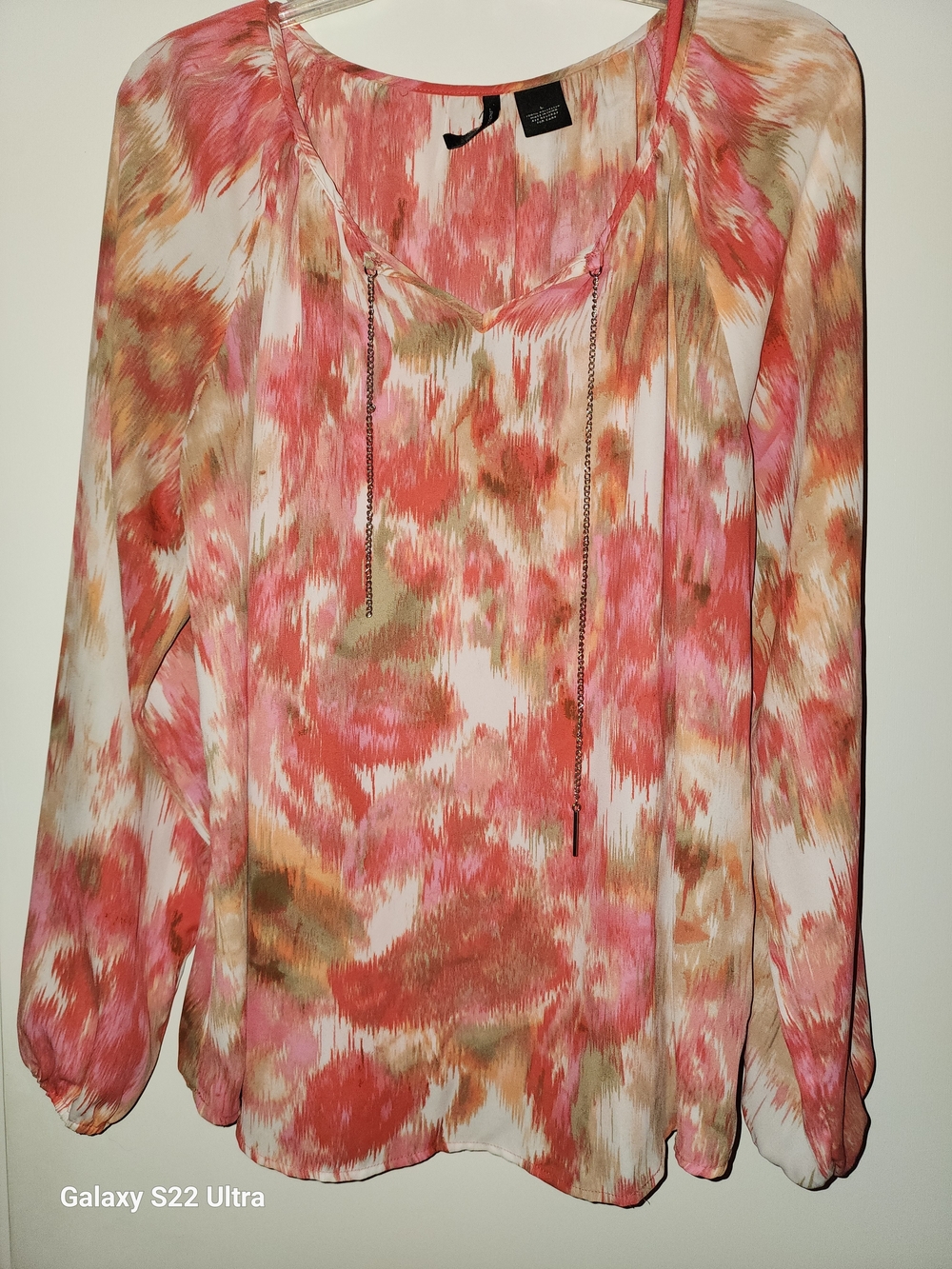 Flowy Coral Multi-Print Long-Sleeve Blouse